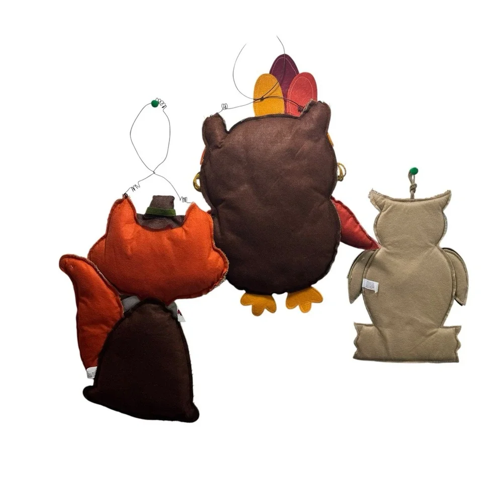Fall Owl Fox Burlap Hanging Decor Thanksgiving Harvest Autumn Plush Set Of 3 24